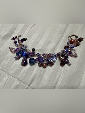Custom Made Beaded Bracelet Purple Blue Silver Tone Clasp